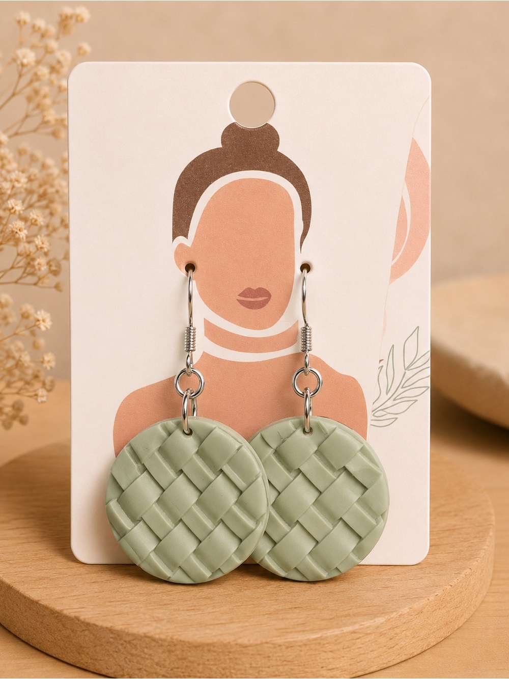 Handwoven Round Drop Earrings - Sage Green